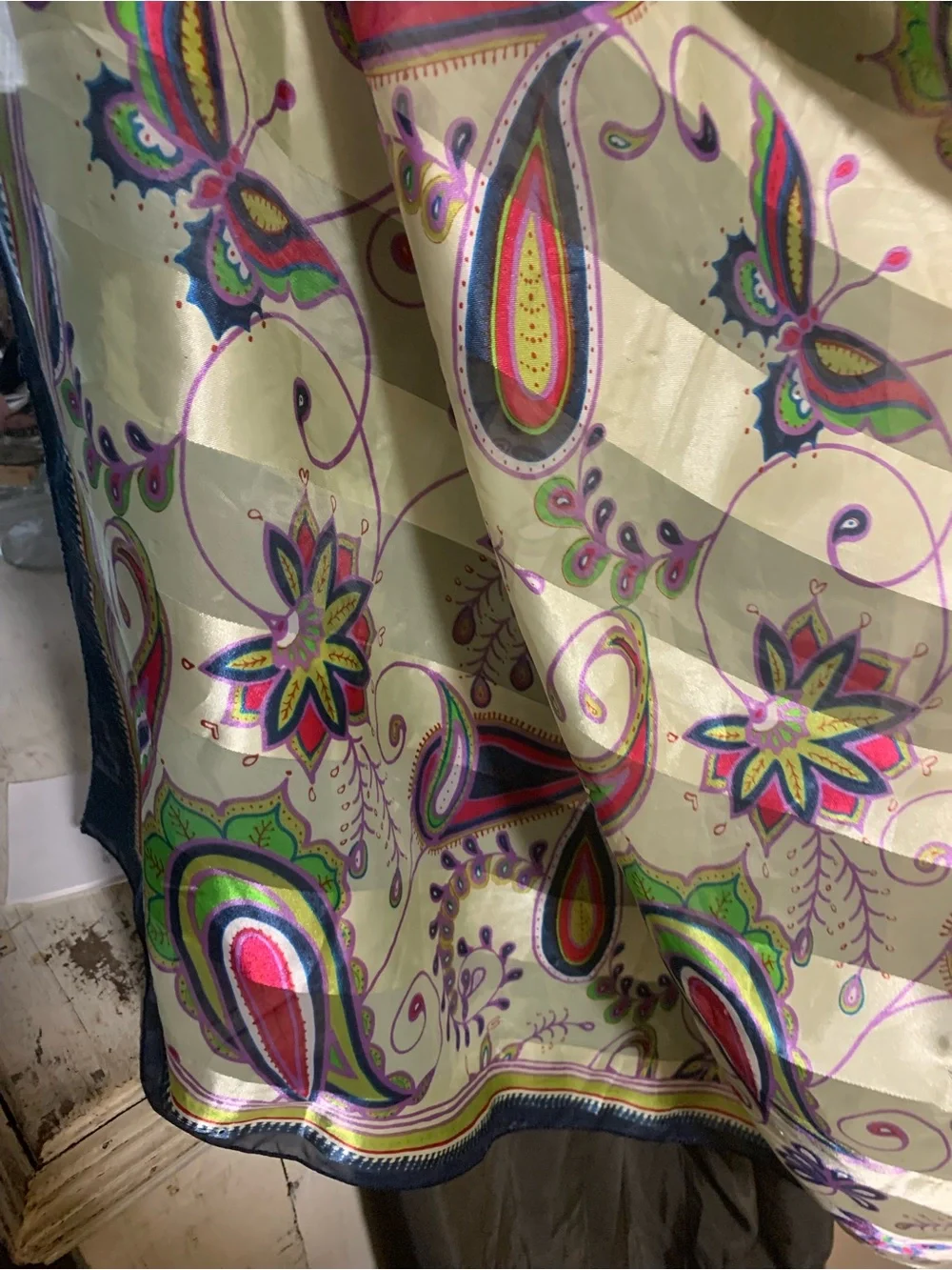 Silk-Feel Paisley Wrap Scarf in Sage Green and Multicolor